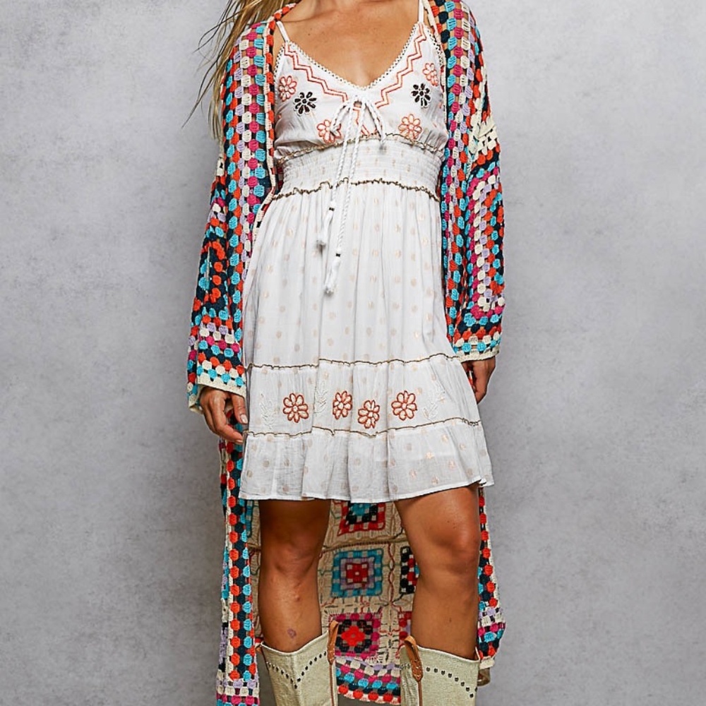 New POL Long Crochet Granny Square Duster Cardigan Boho Multicolor One Size - Picture 9 of 12